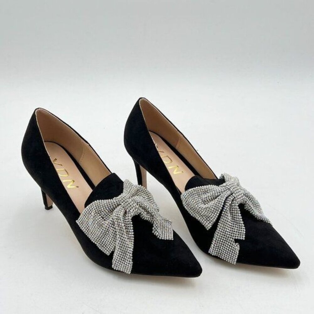 YDN Women Bowknot Pumps Rhinestone Slip On Mid Heels Pointed Toe Shoes Party